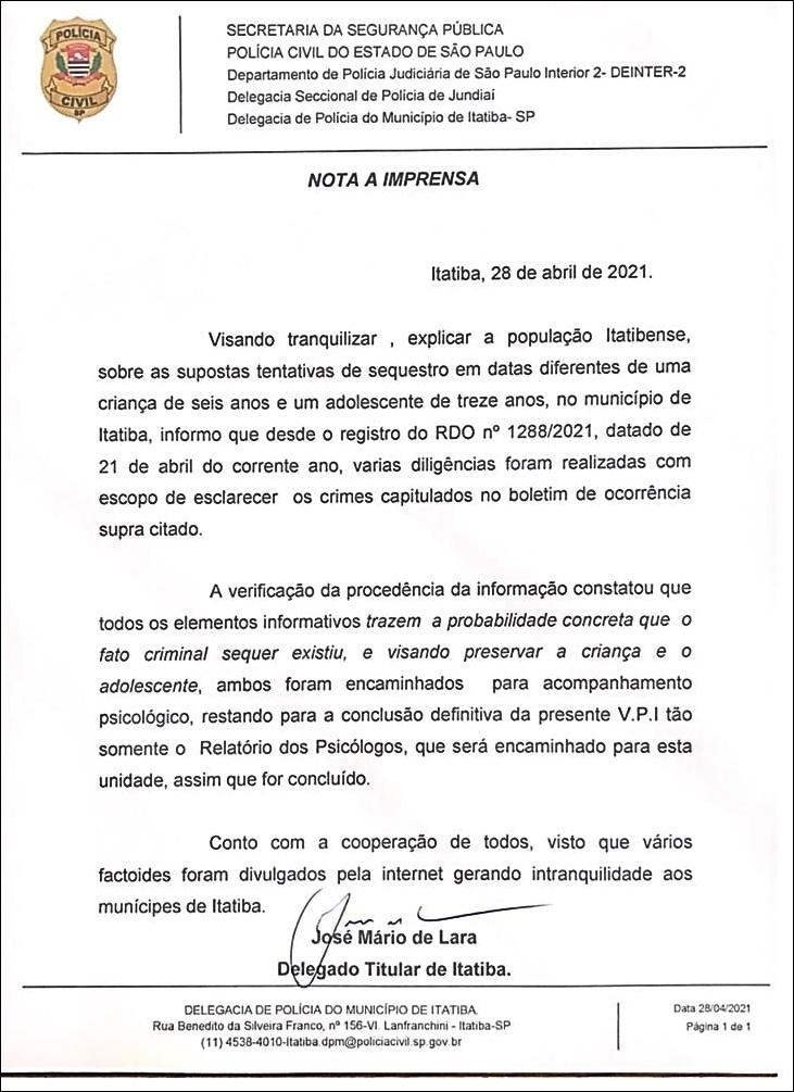 Para Polícia Civil há indícios que tentativas de sequestro no Novo Cruzeiro não existiram