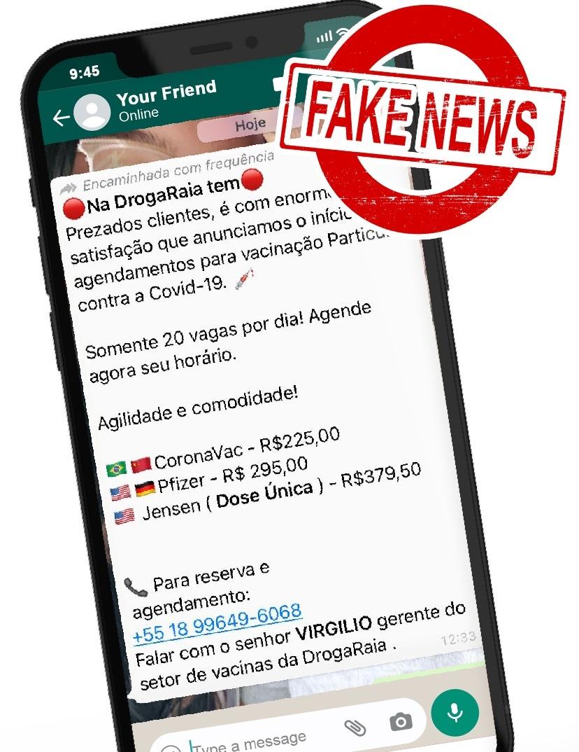 Fake news: É falsa a mensagem sobre agendamento de vacinação particular contra a Covid-19