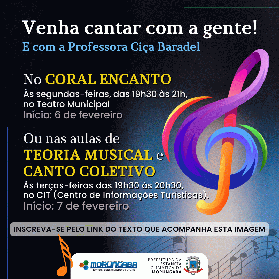 Prefeitura de Morungaba abre inscrições para Oficinas de Canto Coral e Teoria Musical